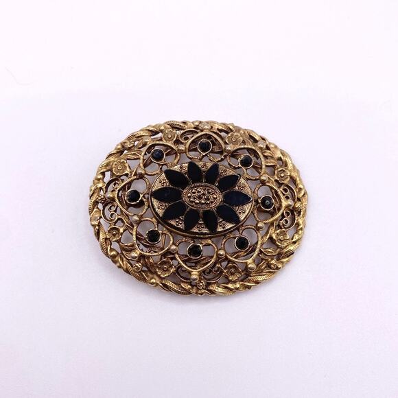 Vintage Large Brooch With Obsidian Stone Floral Design Gold Tone Filigree - Picture 1 of 7